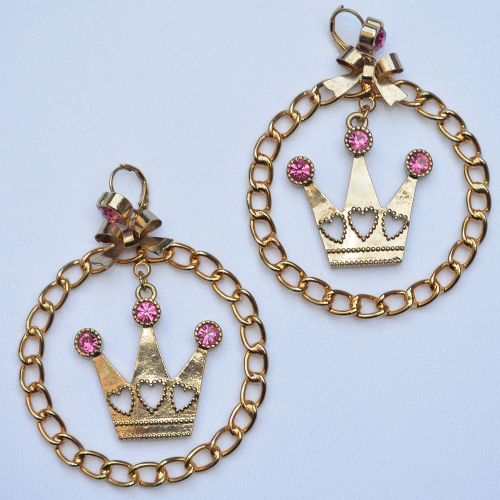 Betsey Johnson Ice Princess Hoop Crown Crystal Gold Earrings